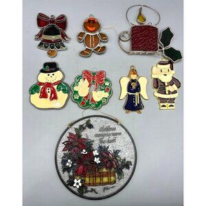 Vtg 8 Pc‎ Christmas Stained Glass Ornaments Snowman Angel Santa Wreath